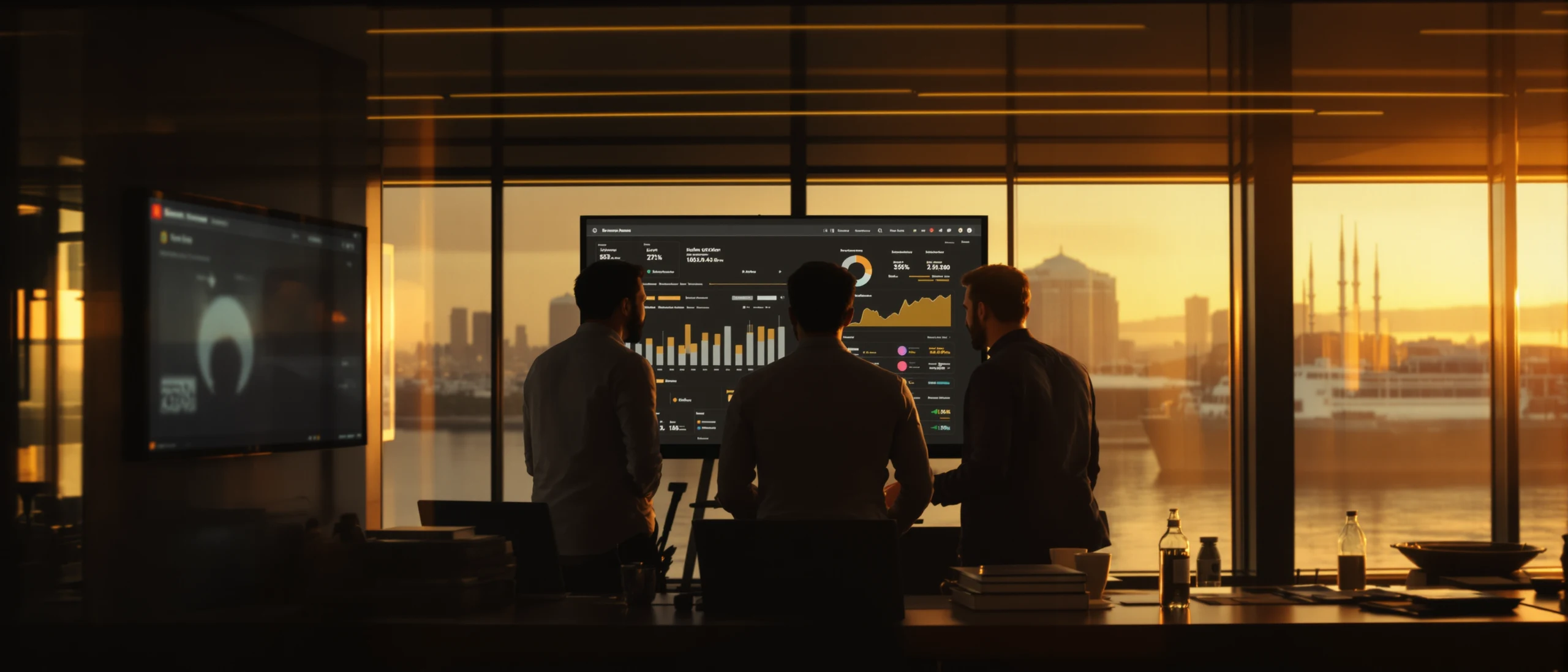 MoveTech ekibi İstanbul'da, gün batımında bir operasyon panosu etrafında çalışırken; arkada Boğaz silüeti